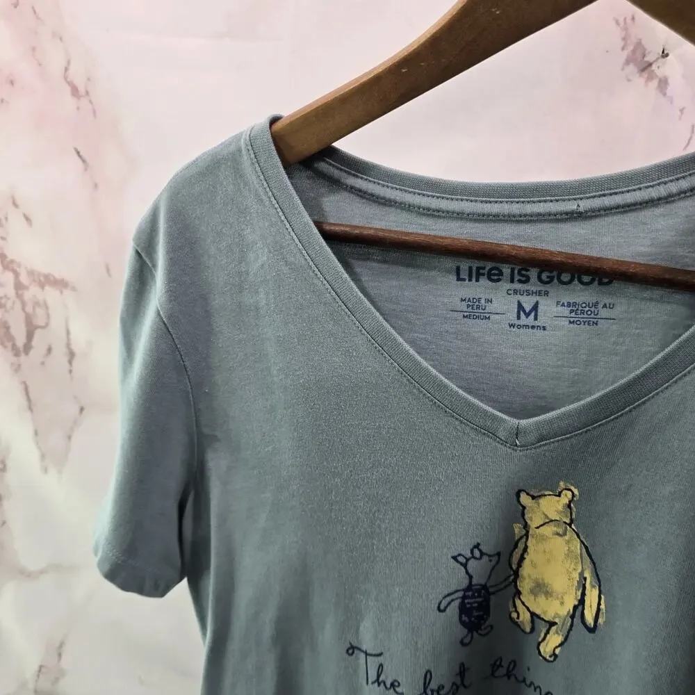 Life Is Good T Shirt Womens Medium Blue Pooh Piglet Short Crusher V Best Things - Picture 2 of 10